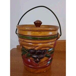 Wooden Ice Bucket Fruit Grapes Strawberries Hand carved Lid Handle